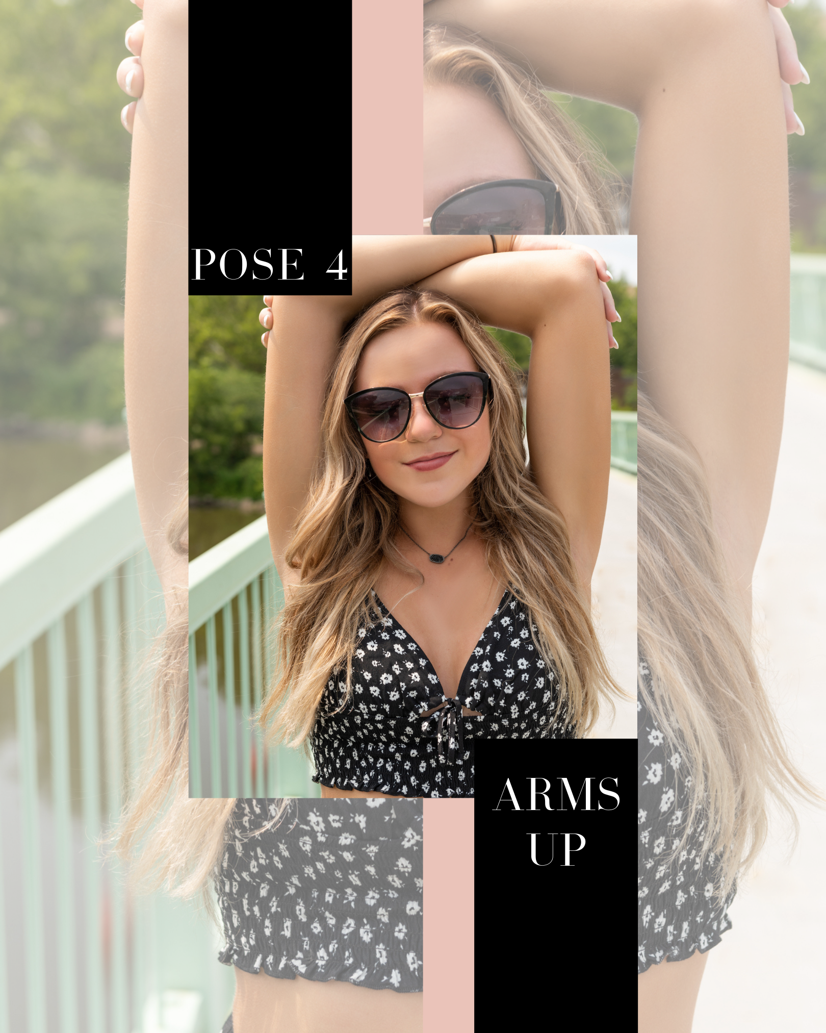 bronde hair senior girl with black sunnies and cute arms up pose