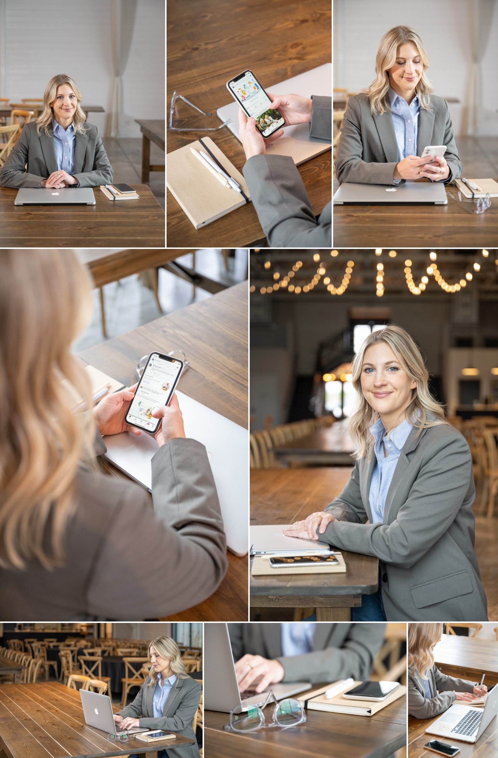 A collage of brand images of a Blonde Business Woman in a light blue button shirt and grey jacket, seated at a table with her phone, apple laptop, pens and journal.