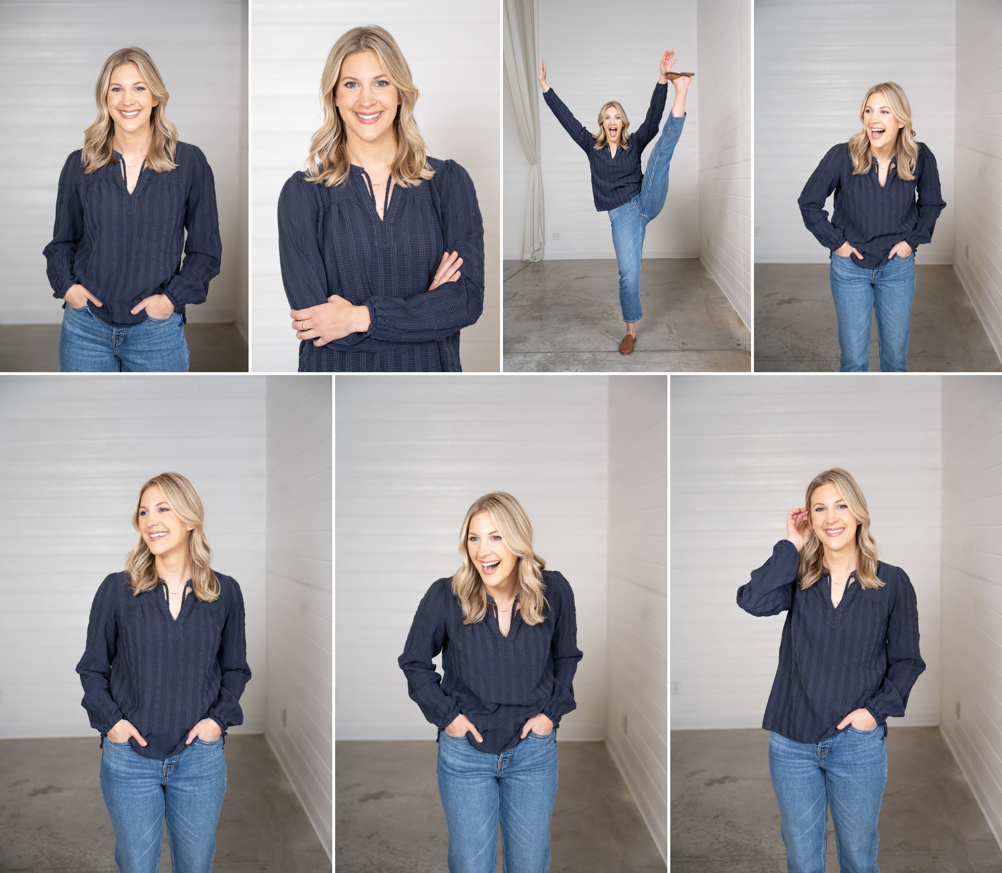 a collage of brand images of a woman smiling and laughing wearing a navy long sleeved blouse and jeans