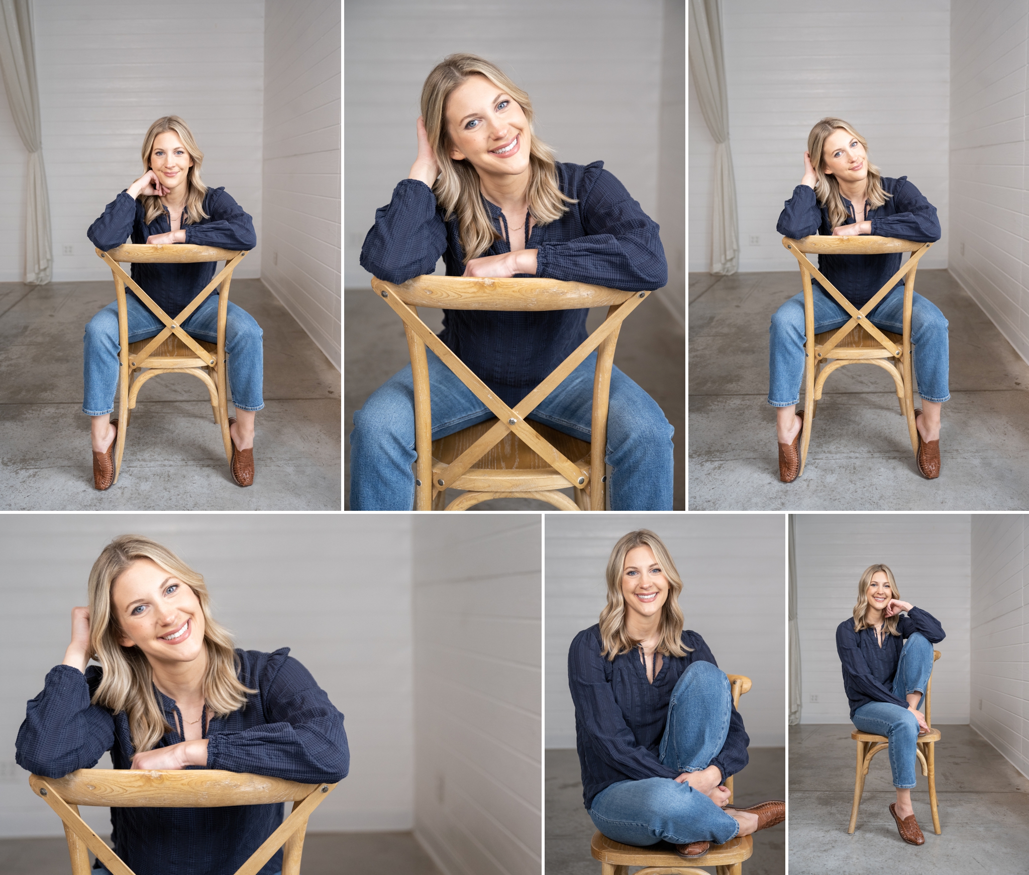 A collage of brand images of a female sitting on a wooden chair with varying facial expressions