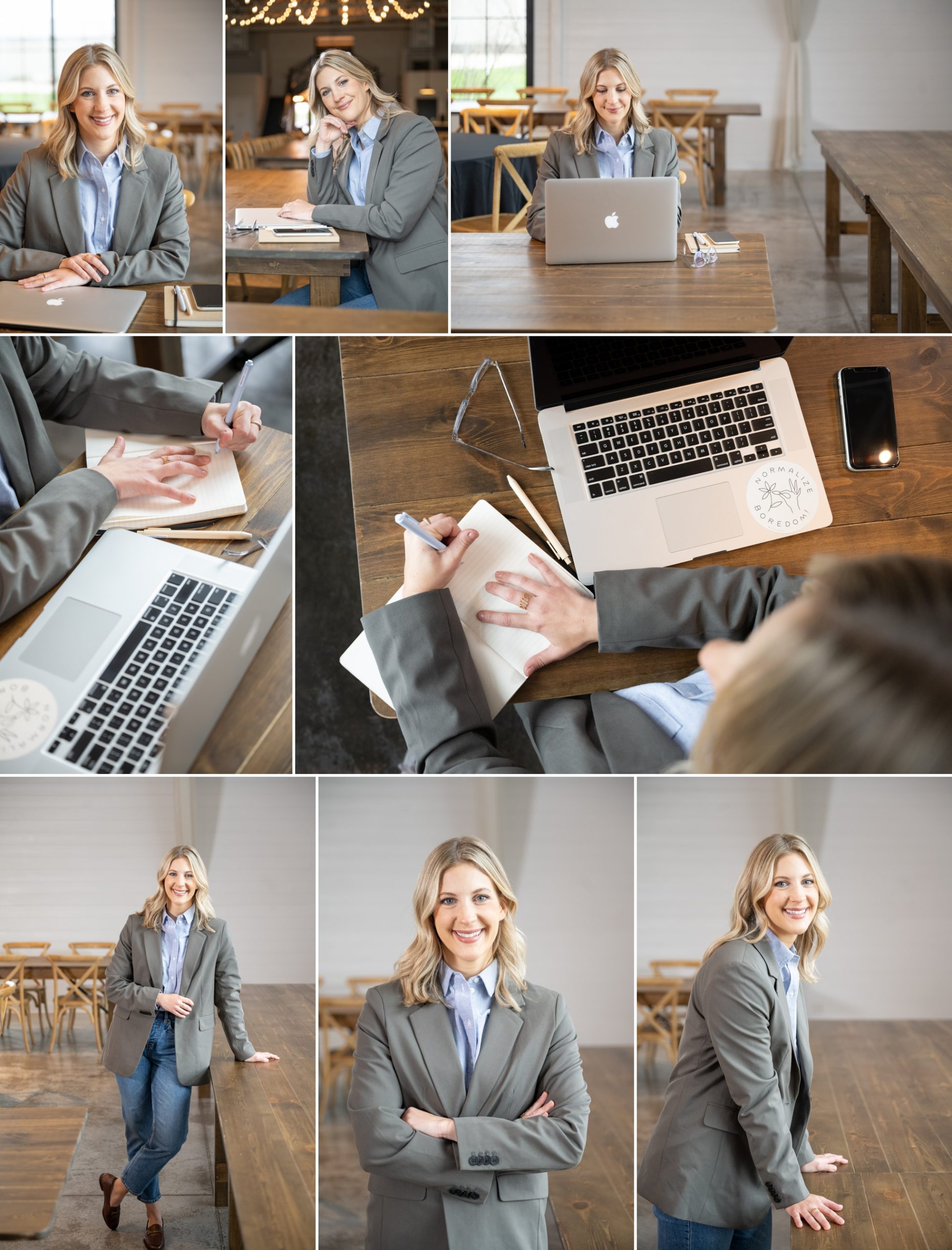 A collage of brand images of a blonde female entrepreneur sitting at a brown wooden table with her apple laptop, pens, journal and phone.