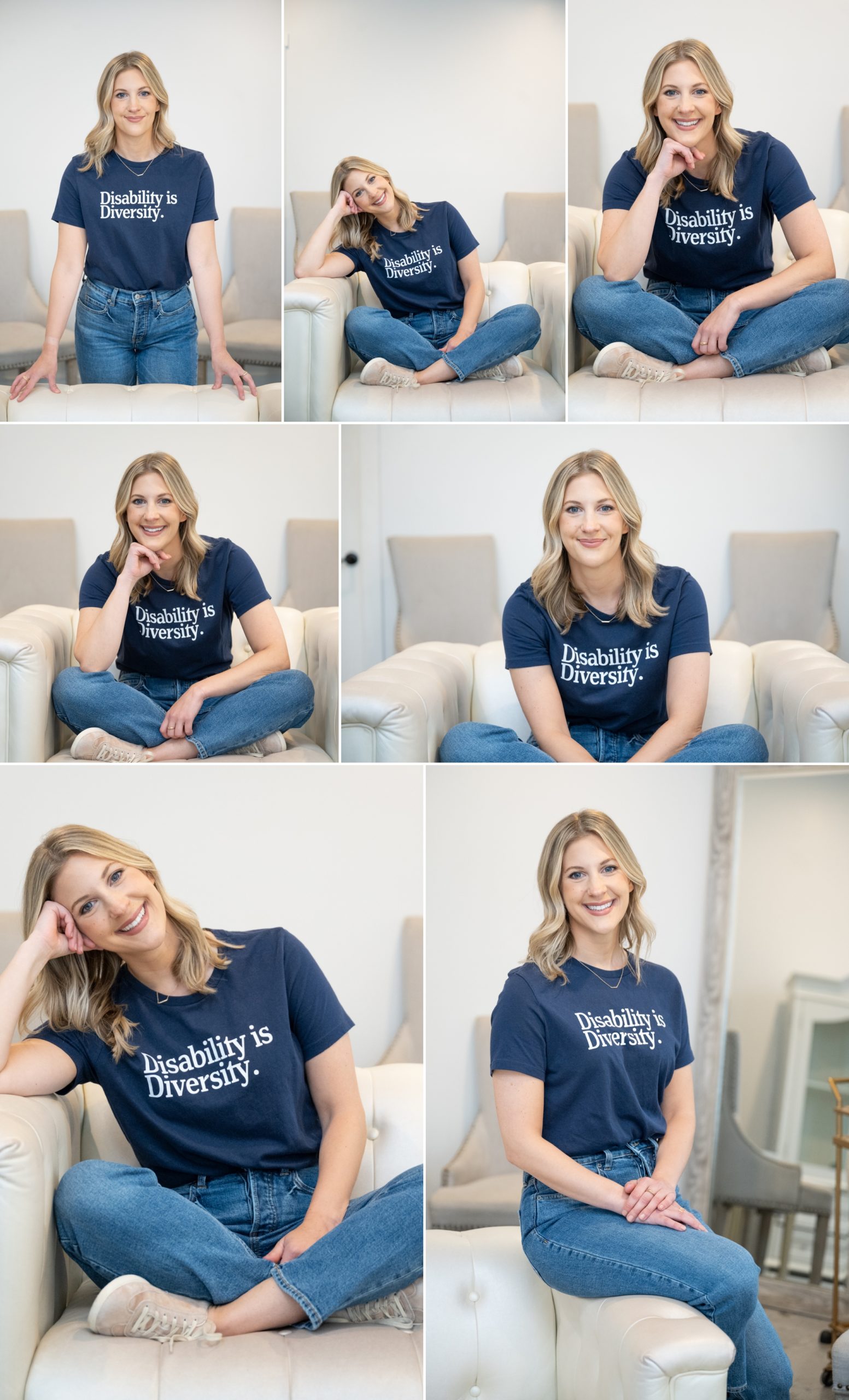 a collage of brand images featuring a woman with blonde hair wearing a navy t-shirt that says Disability is Diversity
