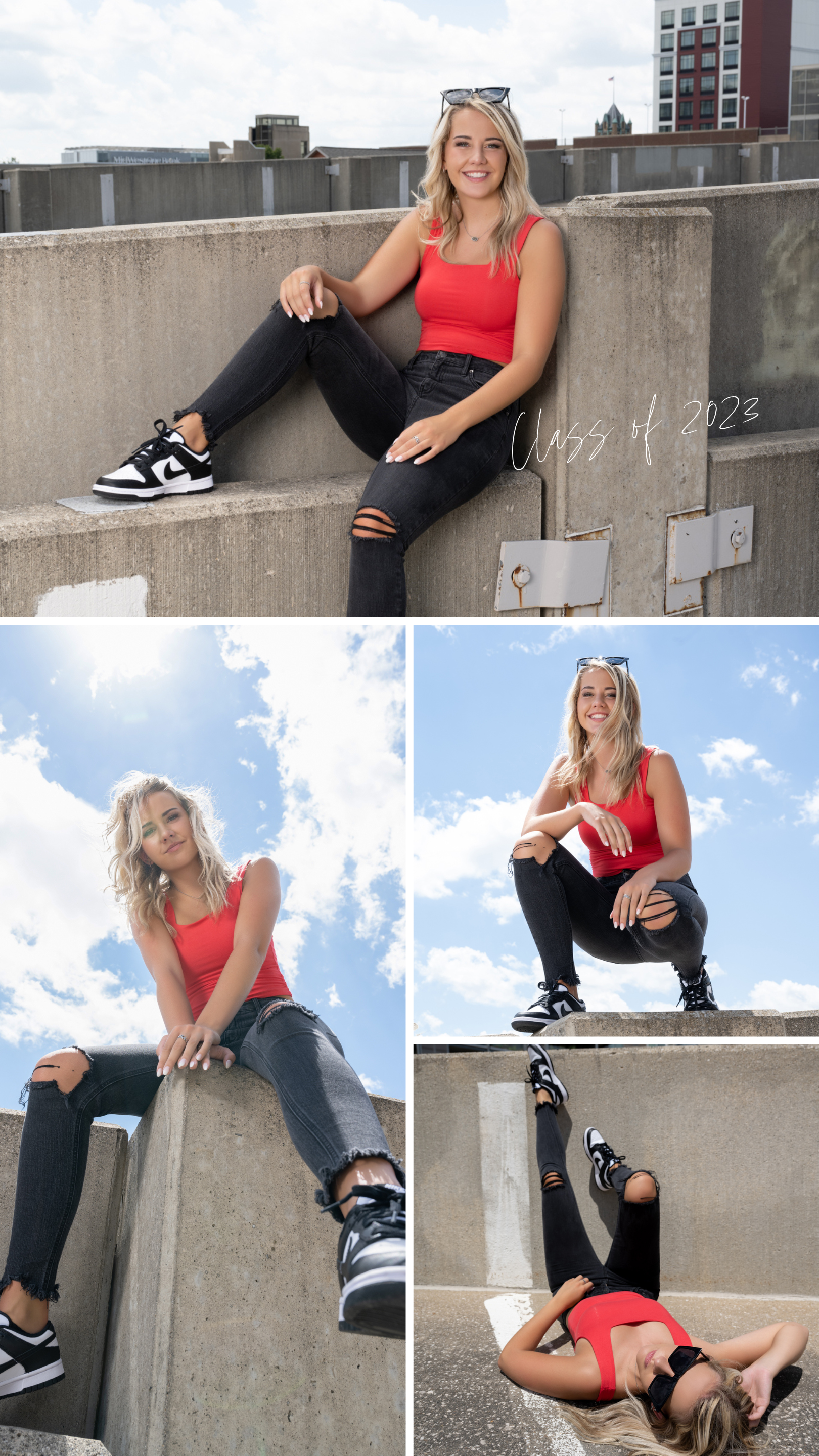 blonde girl wearing red tank, black denim jeans, black and white nike shoes with a concrete parking ramp as her backdrop and posing prop. Blue skies with white clouds