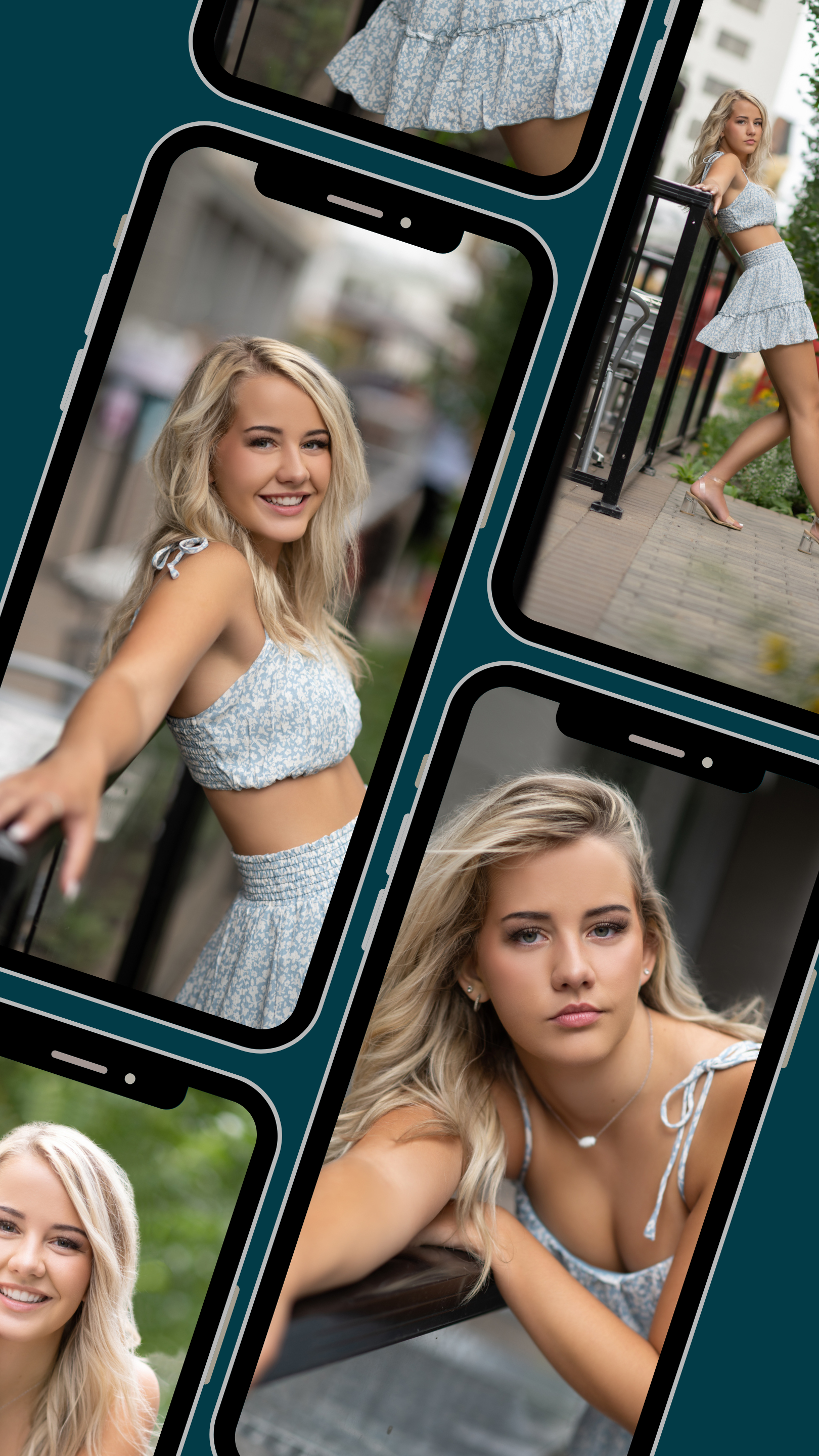 collage of smart phones with images of senior girl with blonde hair and light blue 2 piece mini flora print skirt and top