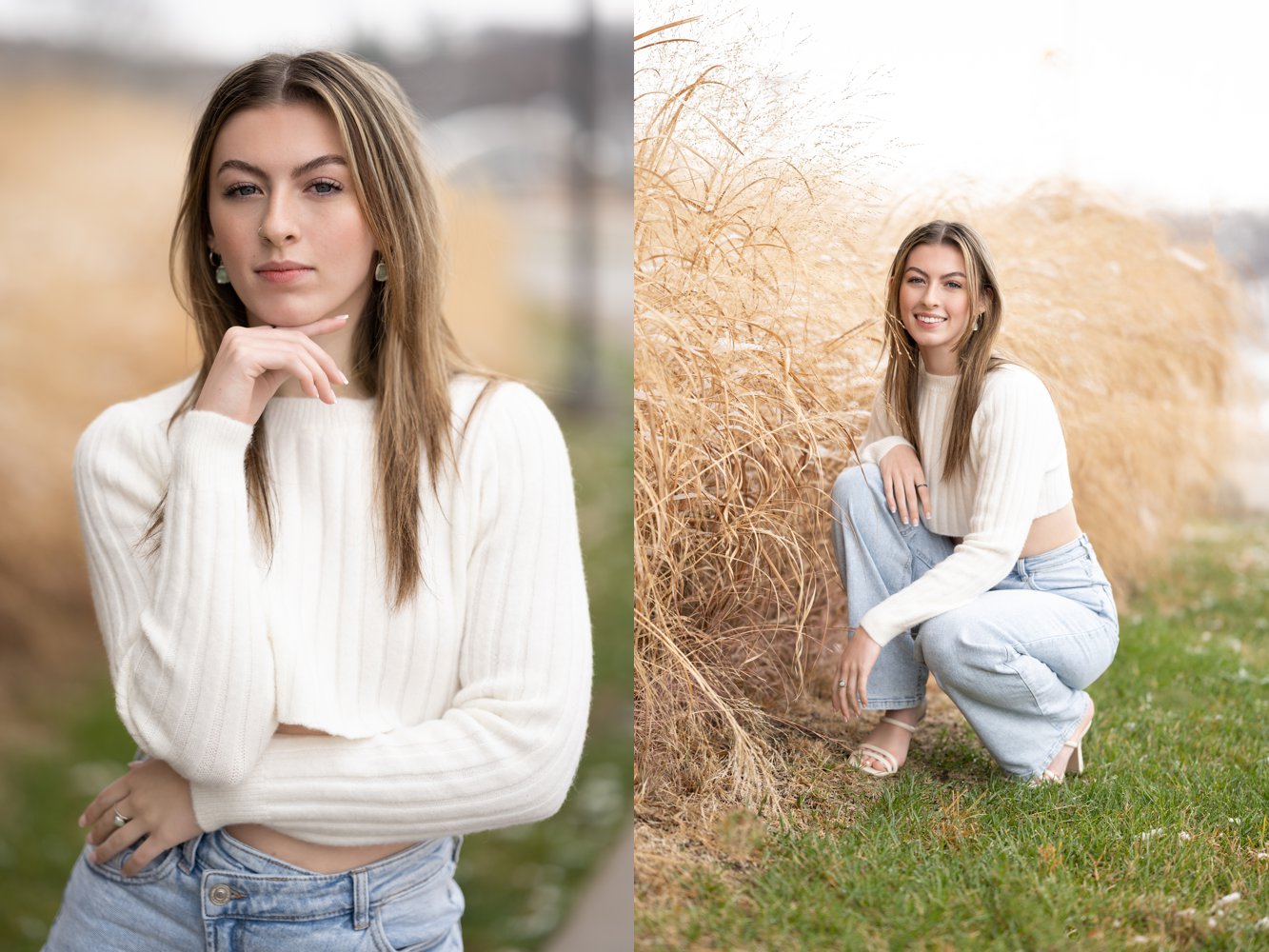 Annie's sandy hair pops against the tan grasses and her cropped ivory sweater for her senior pictures near Hancher in Iowa City