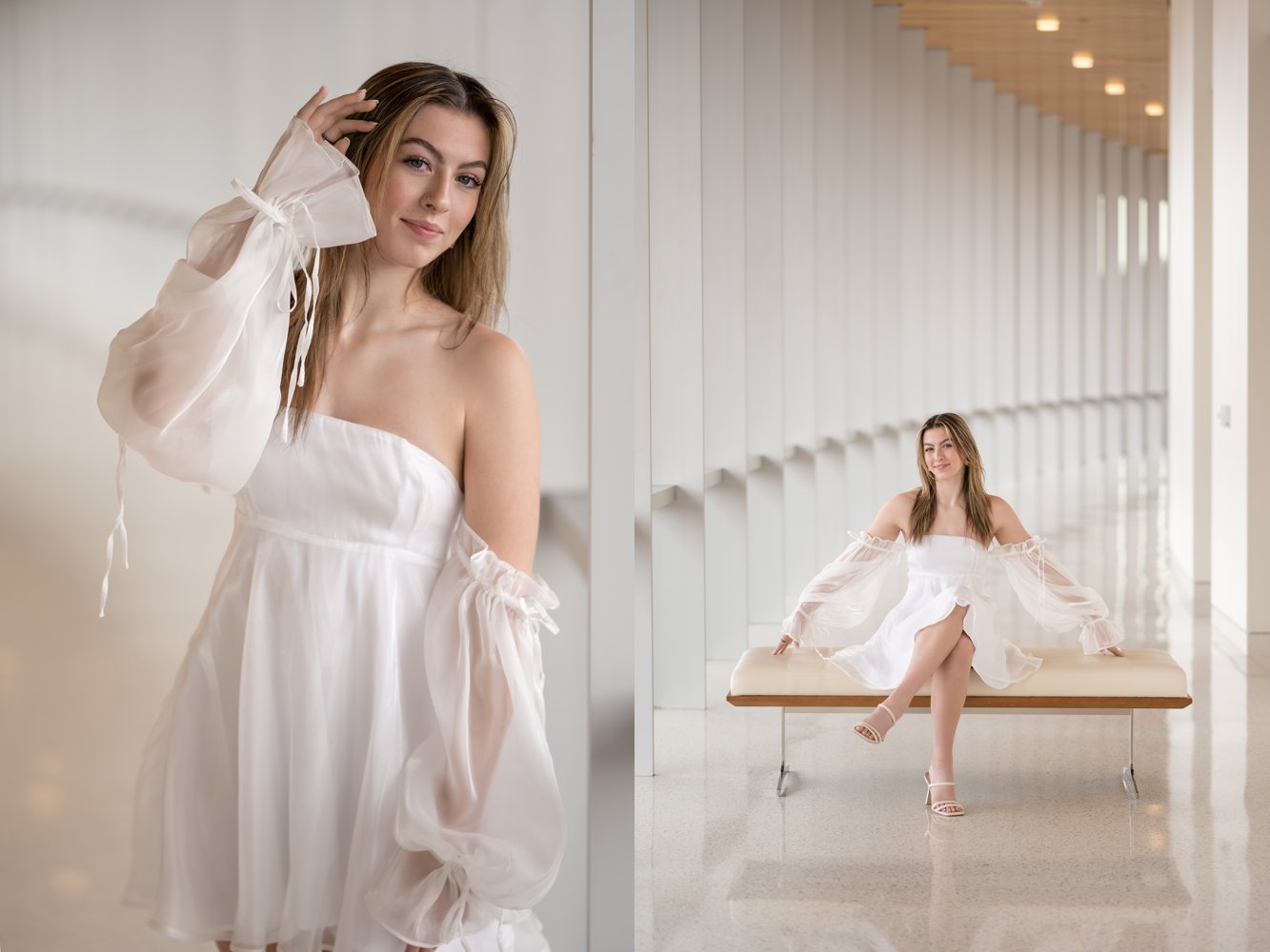 Hancher's light and airy hallway with beautiful lines accentuate Annie's soft and feminine dress and dance poses for her Cedar Rapids Senior Pictures