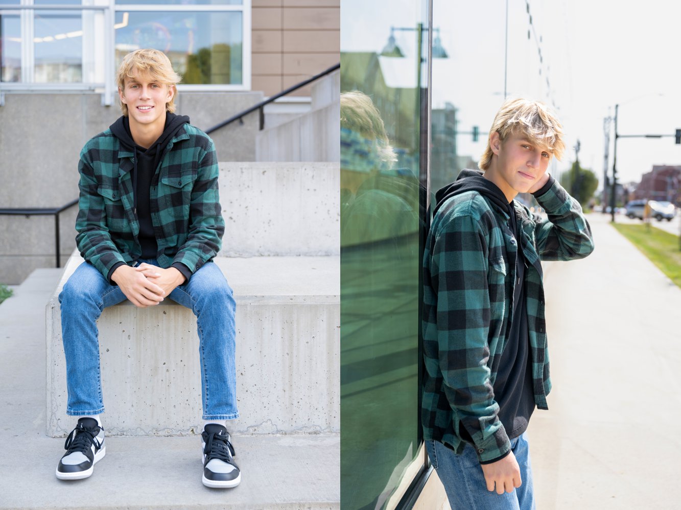 2 images of high school senior Cole wearing jeans and a flannel in downtown Iowa City near hotel Chauncey