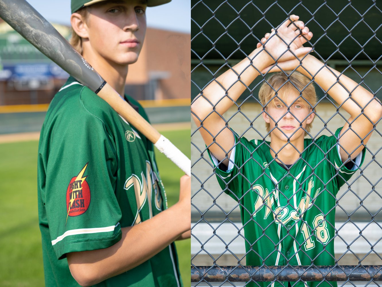 2 images of Cole at Iowa City West High School's baseball field holding a bat in one and looking through the dugout fence in the other