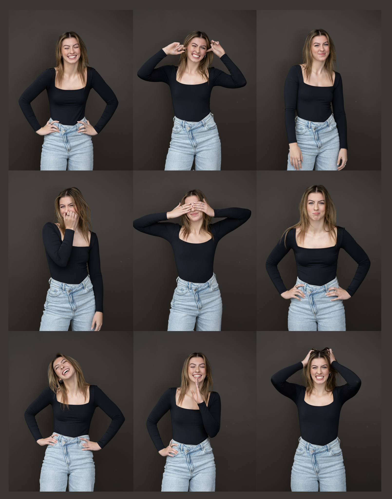 9 images of Annie doing various facial expressions for her senior picture wall collage