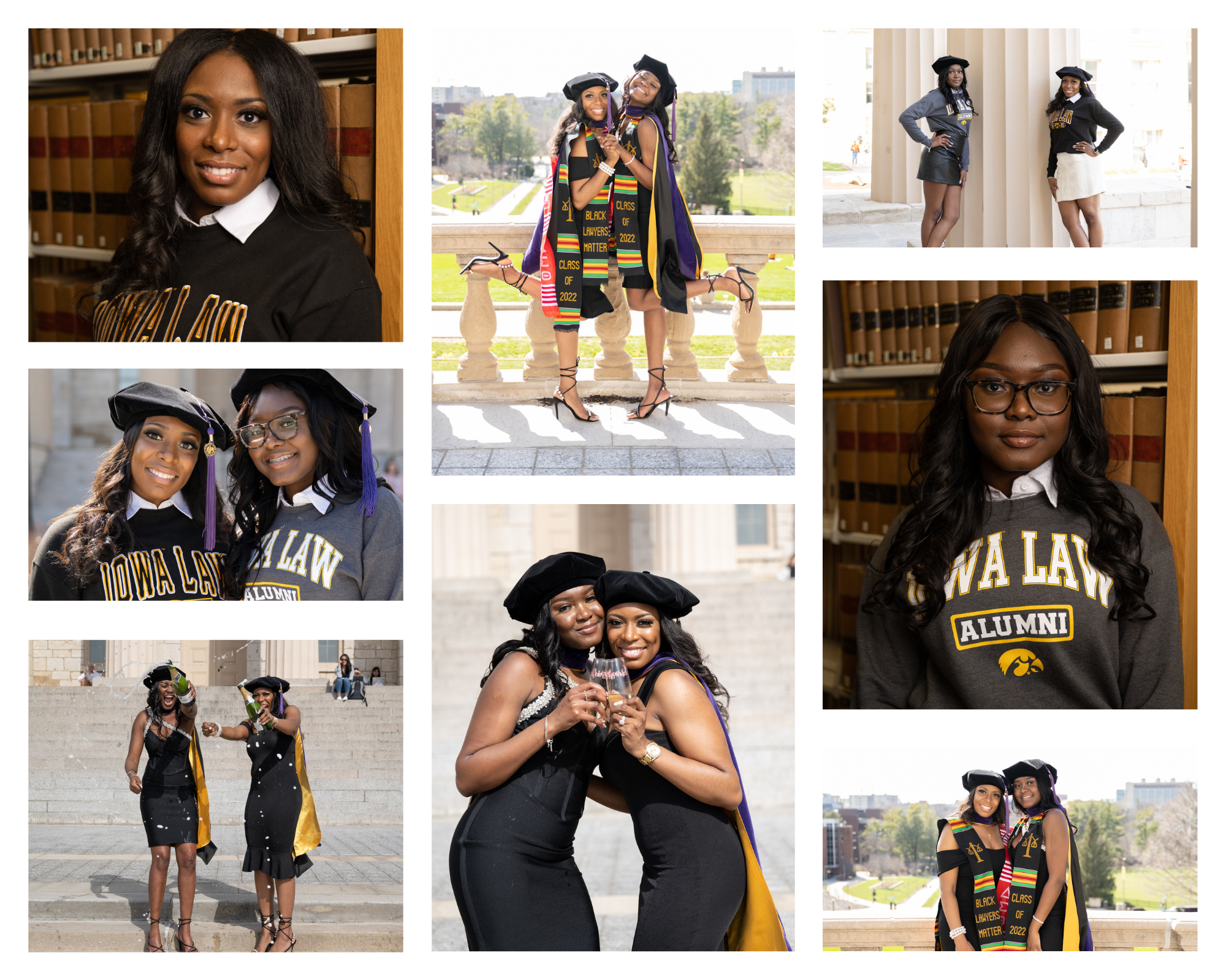 Efe and Alexis pose for University of Iowa College Graduation pics on campus and in the Law building wearing graduation gowns with dresses underneath and Iowa Law sweatshirts.